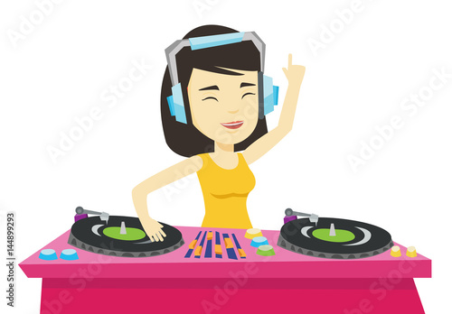 DJ mixing music on turntables vector illustration.