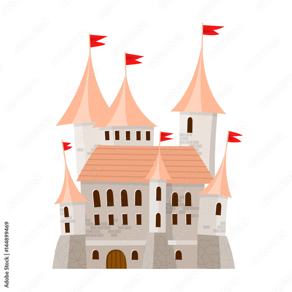 Fairy medieval castle in cartoon style on white background is insulated