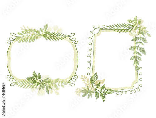 Two hand drawn frames with greenery plant leaves decoration vector. Hand drawn branch card design