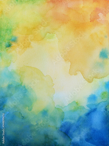 hand painted watercolor background with abstract paint  fringe bleed and bright color splash design on watercolor paper texture