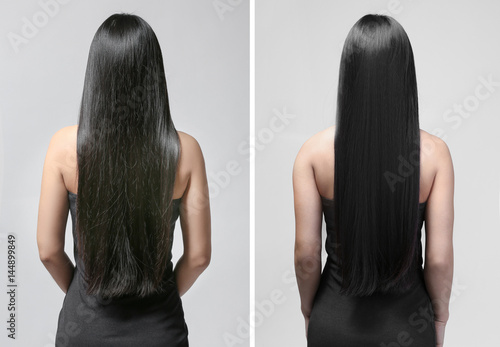 Fototapeta Beautiful young woman with long straight hair on light background