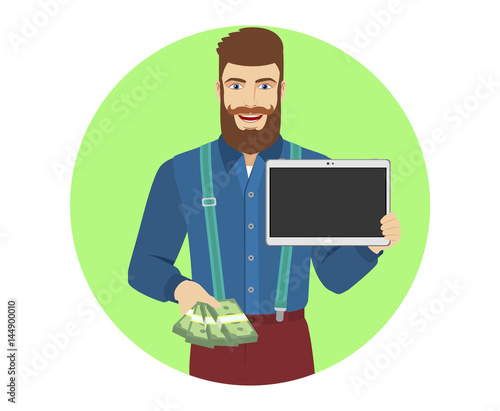 Hipster with cash money showing blank digital tablet PC