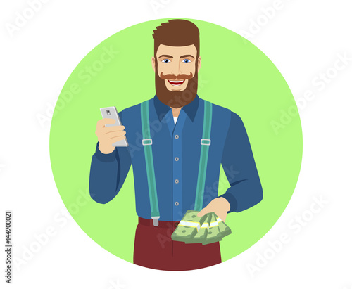 Hipster with cash money using mobile phone