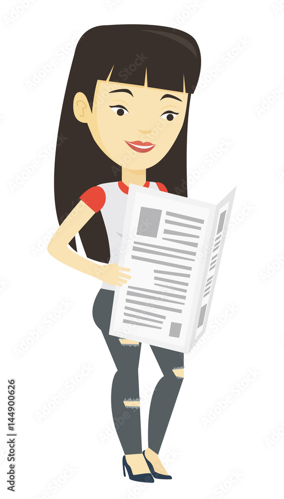 Woman reading newspaper vector illustration.