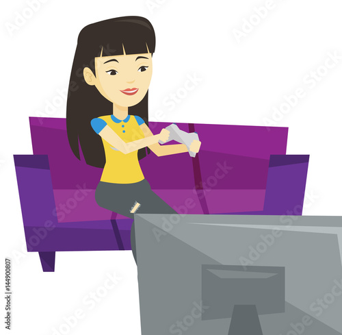 Woman playing video game vector illustration.