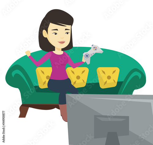 Woman playing video game vector illustration.