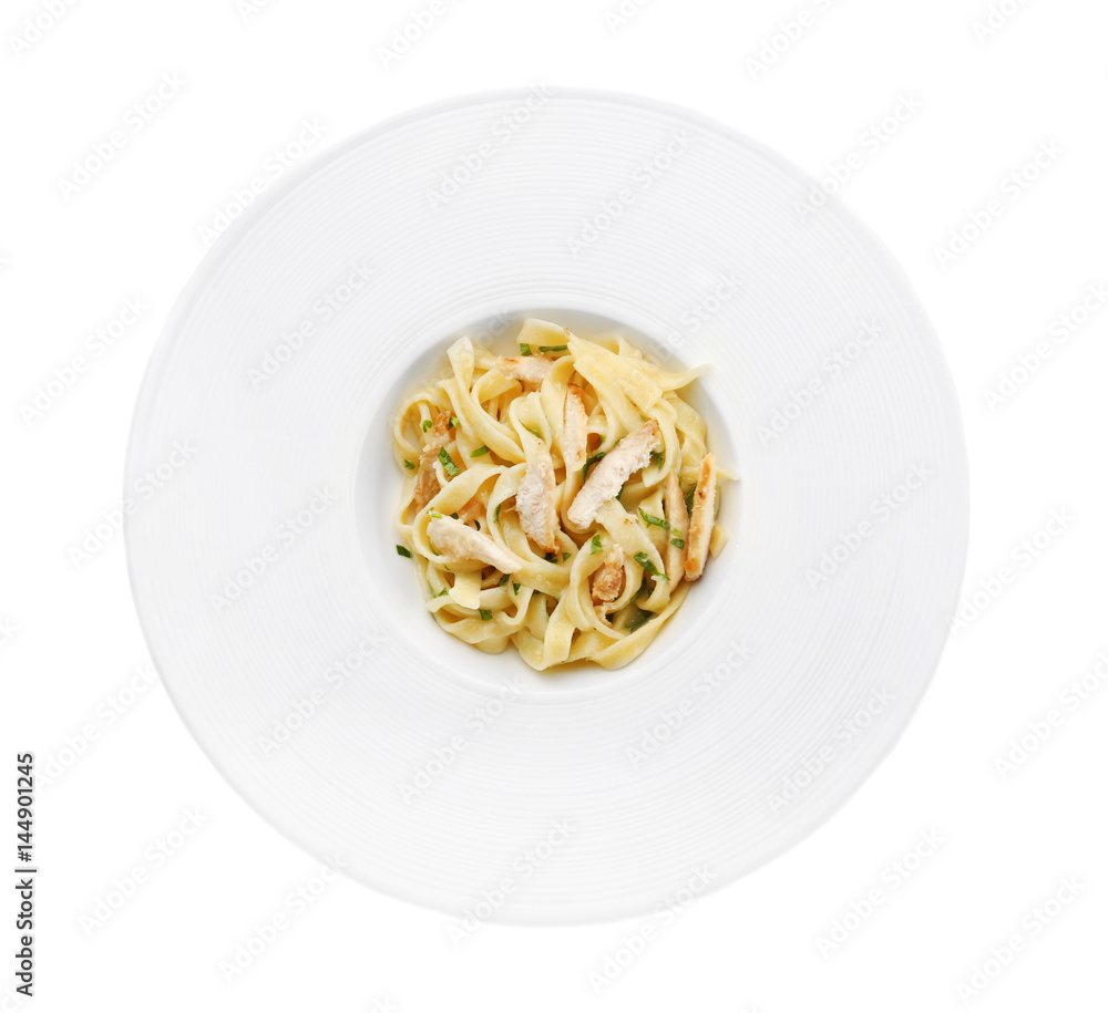 Plate with delicious Chicken Alfredo isolated on white Plate with delicious Chicken Alfredo isolated on white