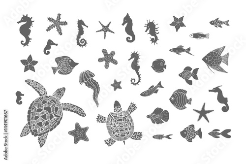 Hand drawn sketch set of turtles, jellyfish and other sea animals. Vector illustration