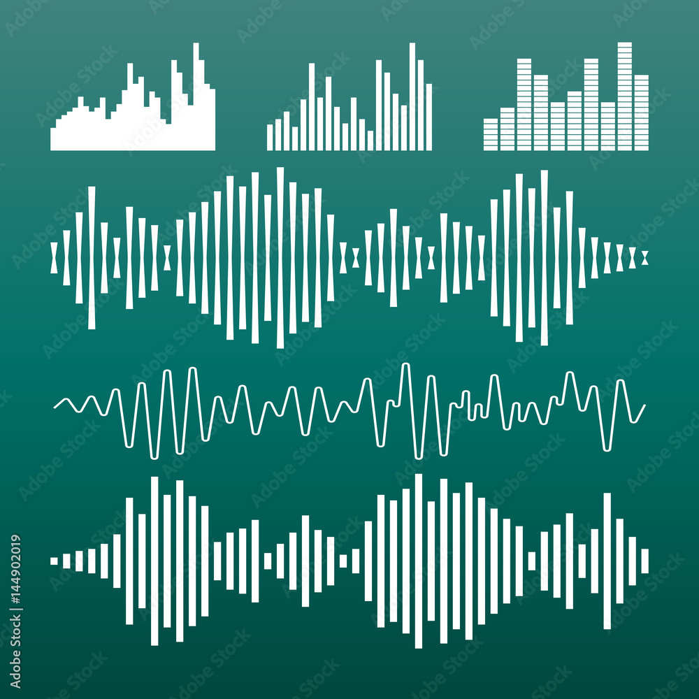 Vector sound waveforms icon. Sound waves and musical pulse vector illustration on green background.