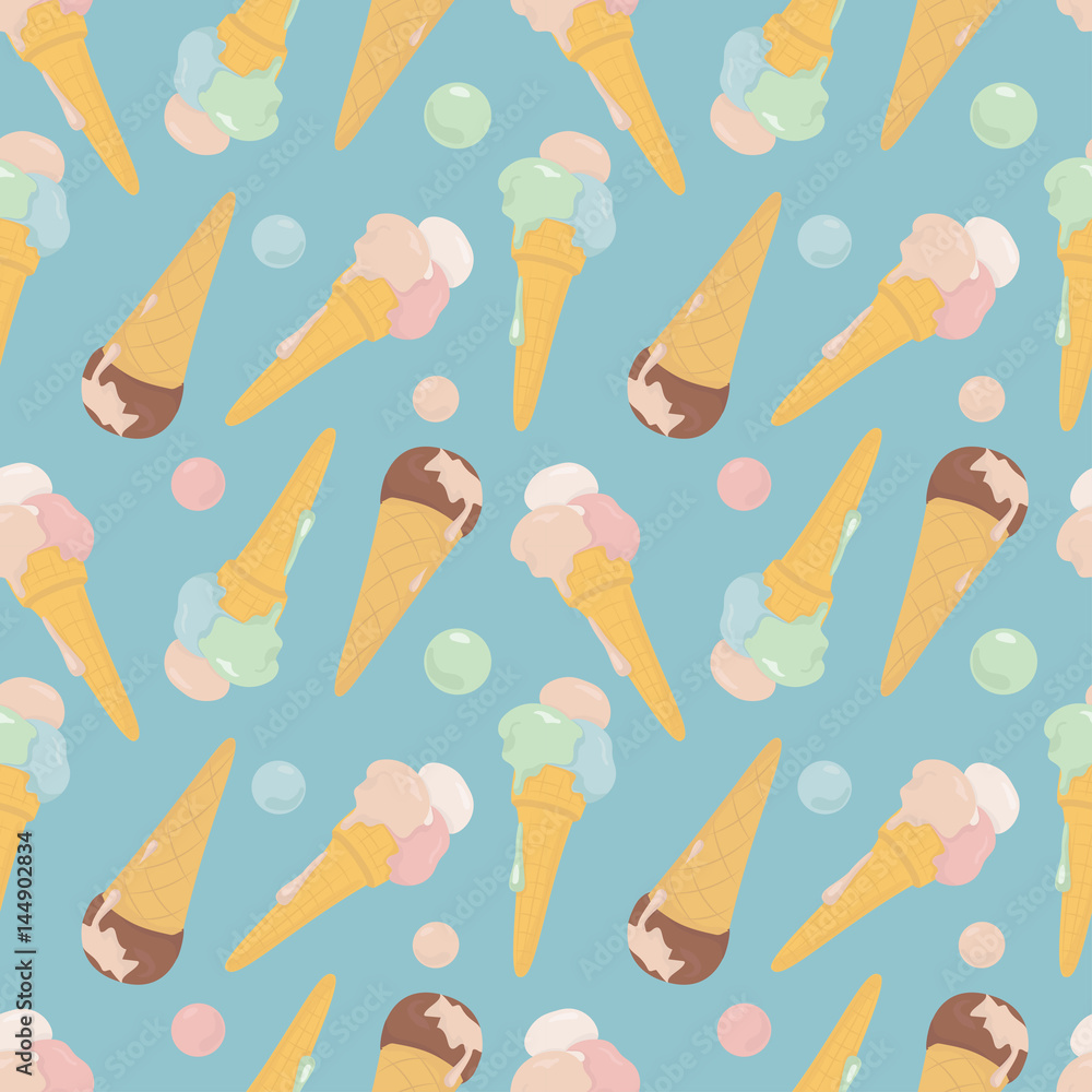 Colorful seamless pattern of different kinds of ice cream in a waffle cone.