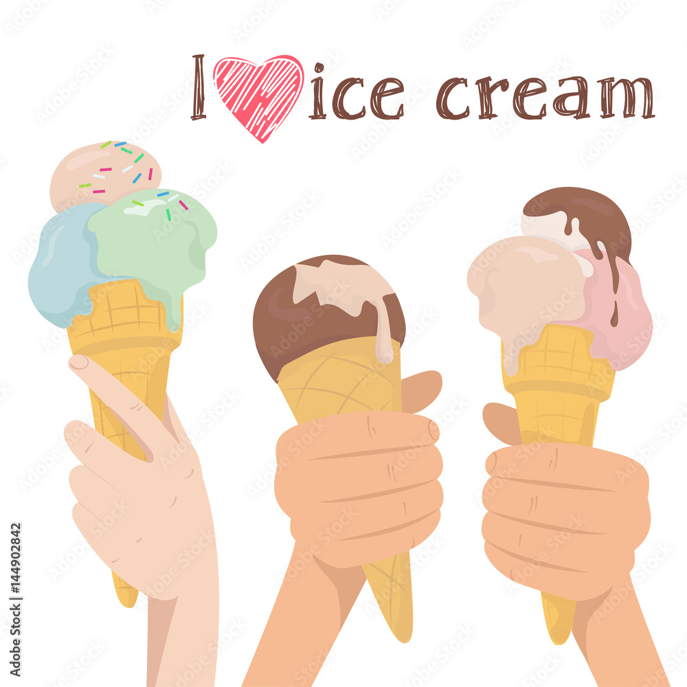 Vector illustration of hands holding different flavours ice cream in a waffle cone on a white background. Vector illustration of hands holding different flavours ice cream in a waffle cone on a white background.