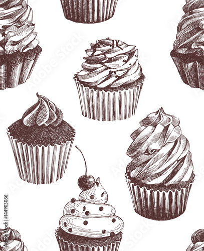 Seamless pattern with hand drawn cupcakes