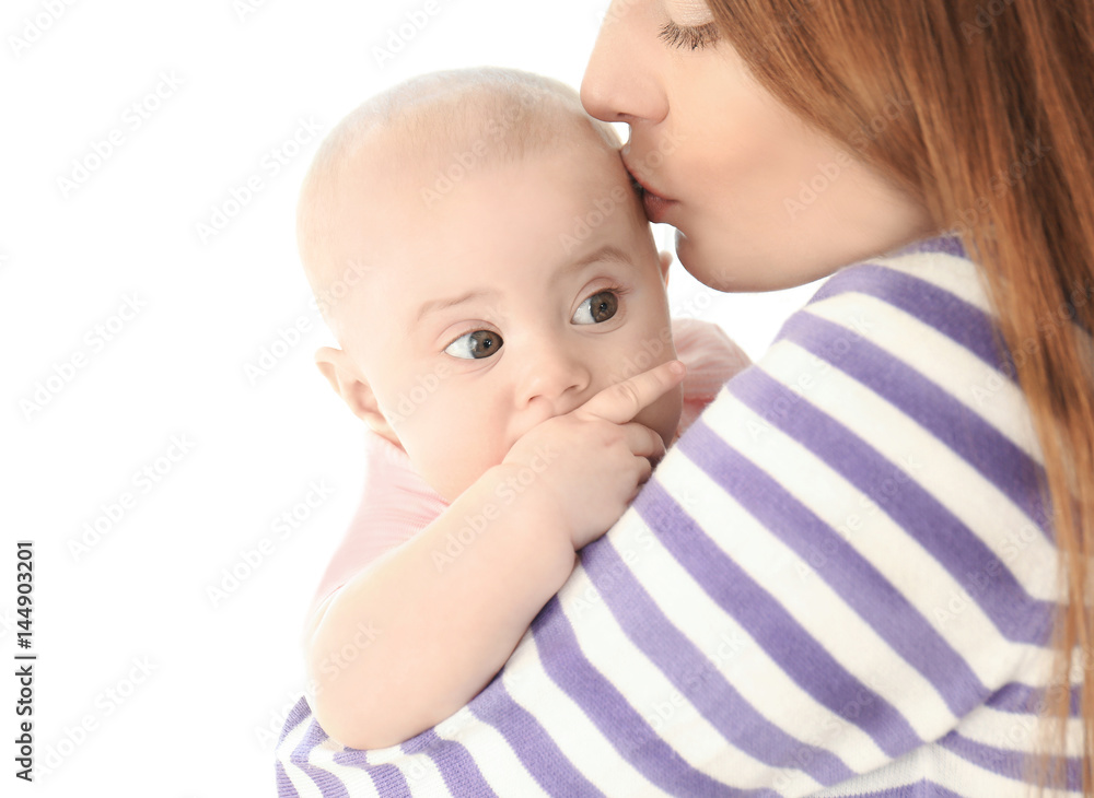 Adorable baby with mother on white background Adorable baby with mother on white background