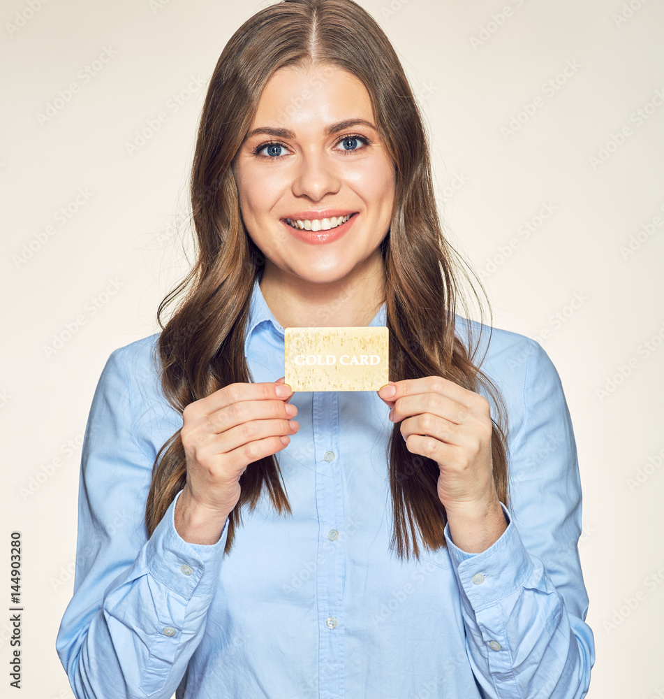 Smiling business woman holding credit card. Smiling business woman holding credit card.