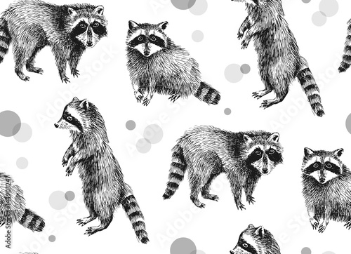 Hand drawn seamless pattern with raccoons