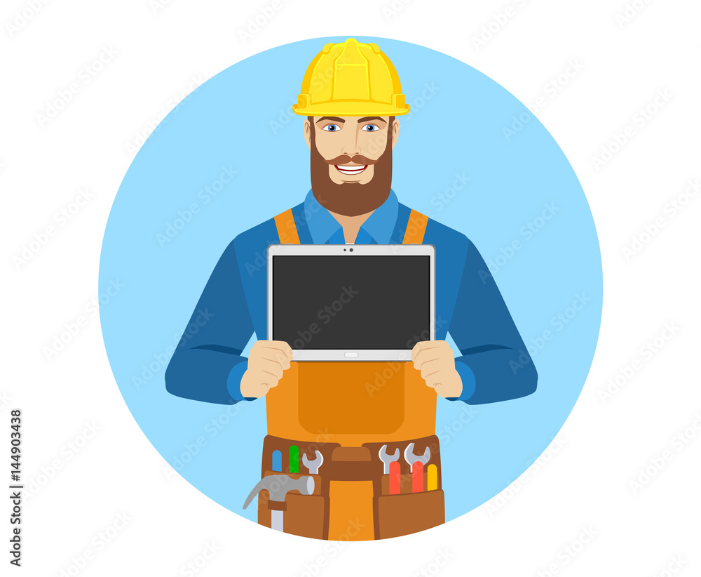 Worker showing blank digital tablet PC