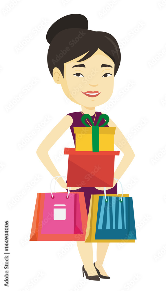 Happy woman holding shopping bags and gift boxes. Happy woman holding shopping bags and gift boxes.