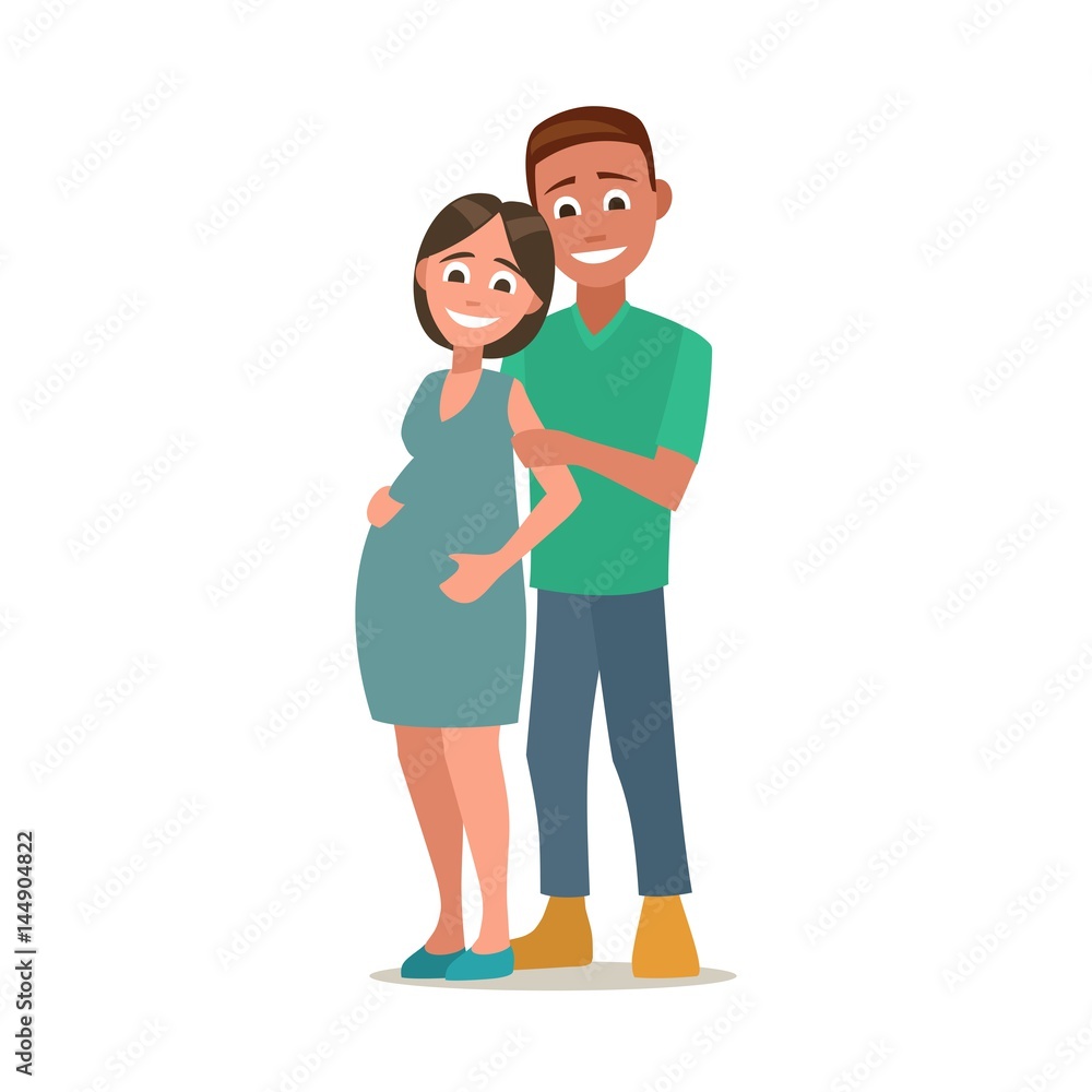 Pregnant woman and husband. Color flat vector illustration isolated