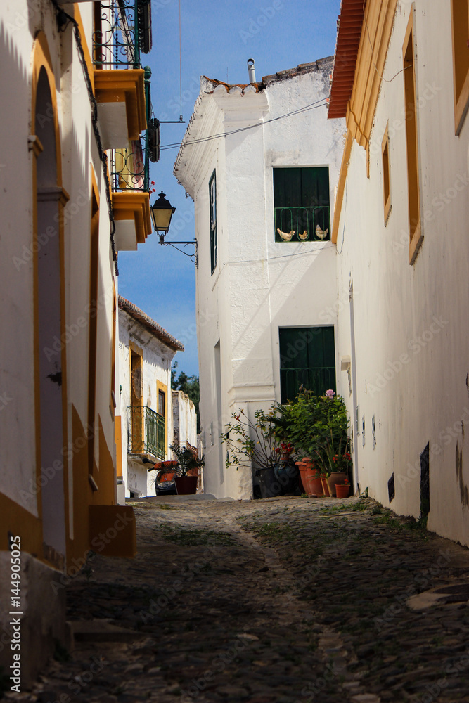 Typical street in the ancient village of Mertola. Alentejo Region. Portugal