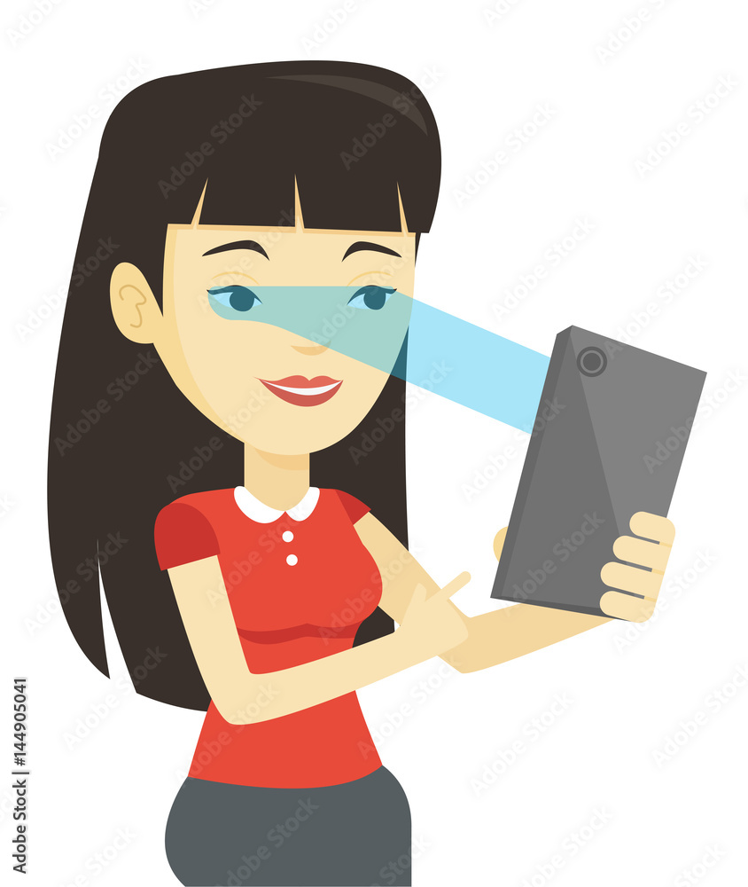 Woman using iris scanner to unlock mobile phone. Woman using iris scanner to unlock mobile phone.