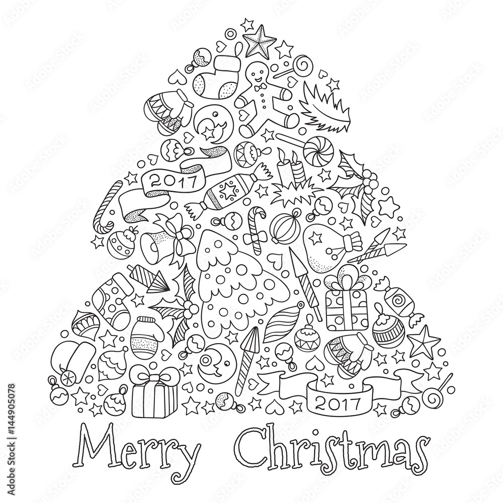 Pattern for coloring book. Christmas hand-drawn decorative elements in vector.