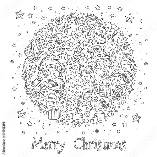 Pattern for coloring book. Christmas hand-drawn decorative elements in vector. © photo-nuke