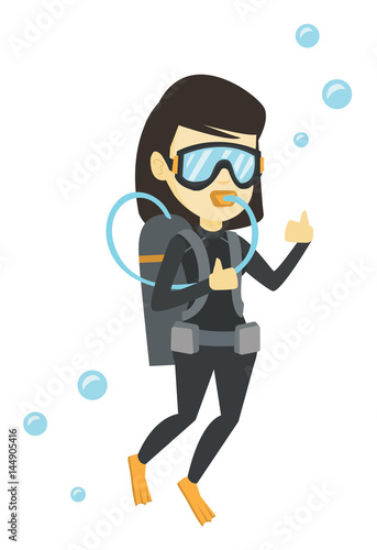 Woman diving with scuba and showing ok sign.