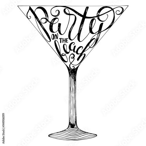 Summer beach party calligraphic lettering. Cocktail glass silhouette Isolated vector illustration.