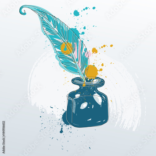 Vector illustration of feather quill pen standing in the bottle of ink.