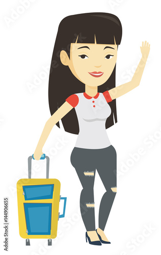 Young woman hitchhiking vector illustration.