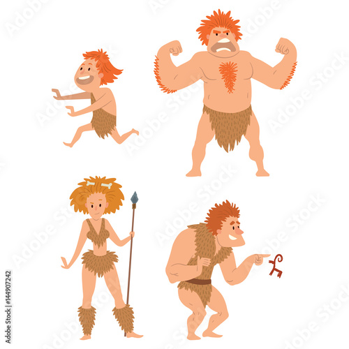 Caveman primitive stone age cartoon neanderthal people character evolution vector illustration.