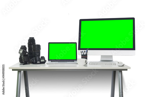 Photographers workspace with chroma key photo