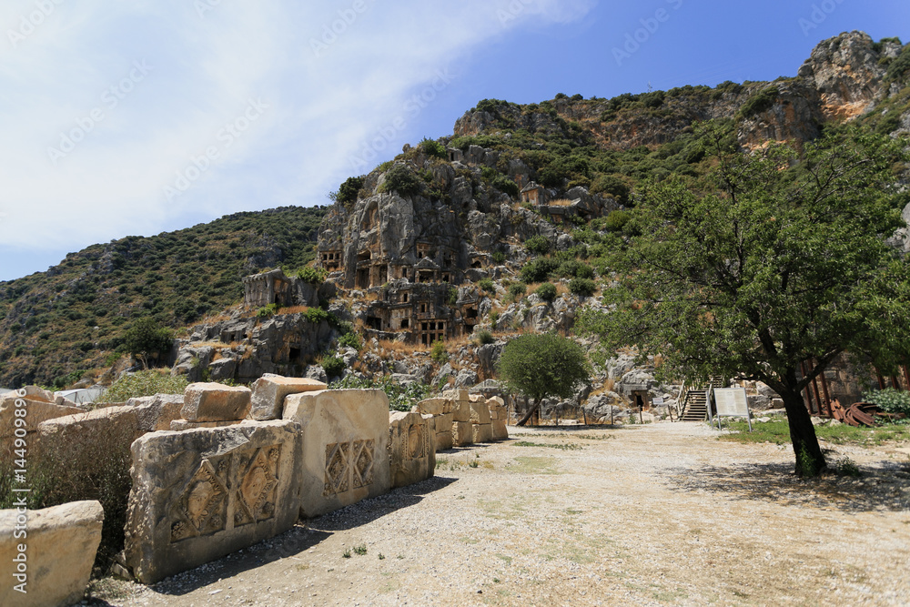 Landscape of Lycian Myra in Turkey with ancient carved stones an Landscape of Lycian Myra in Turkey with ancient carved stones an
