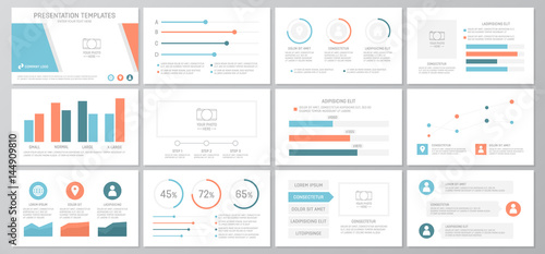 Set of orange and blue elements for multipurpose presentation template slides with graphs and charts. Leaflet, corporate report, marketing, advertising, annual report, book cover design.