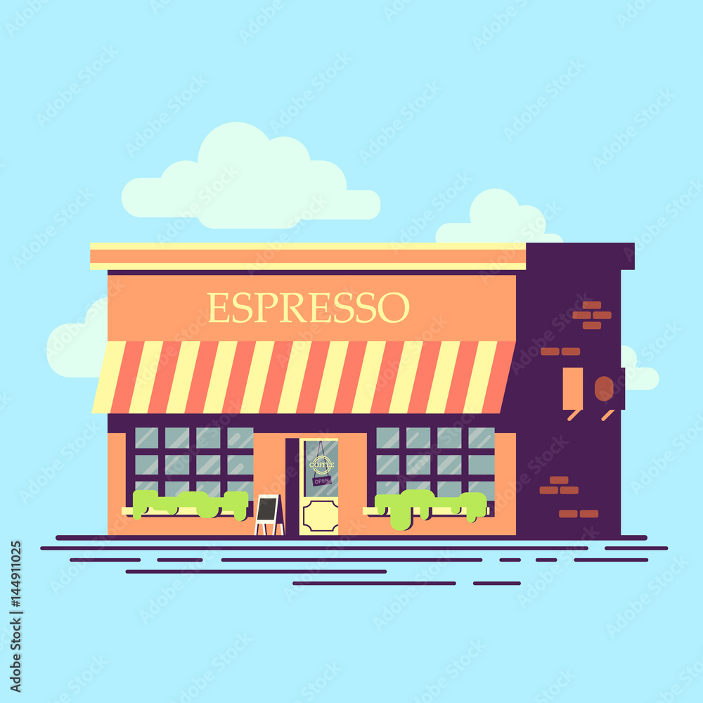 Cafe flat style illustration. Pretty building coffee shop.