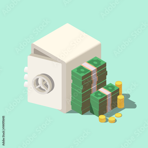 Isometric bank safe with money dollar stacks. 3D flat vector illustration.