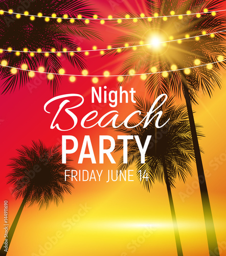 Summer Night Beach Party Poster. Tropical Natural Background  wi