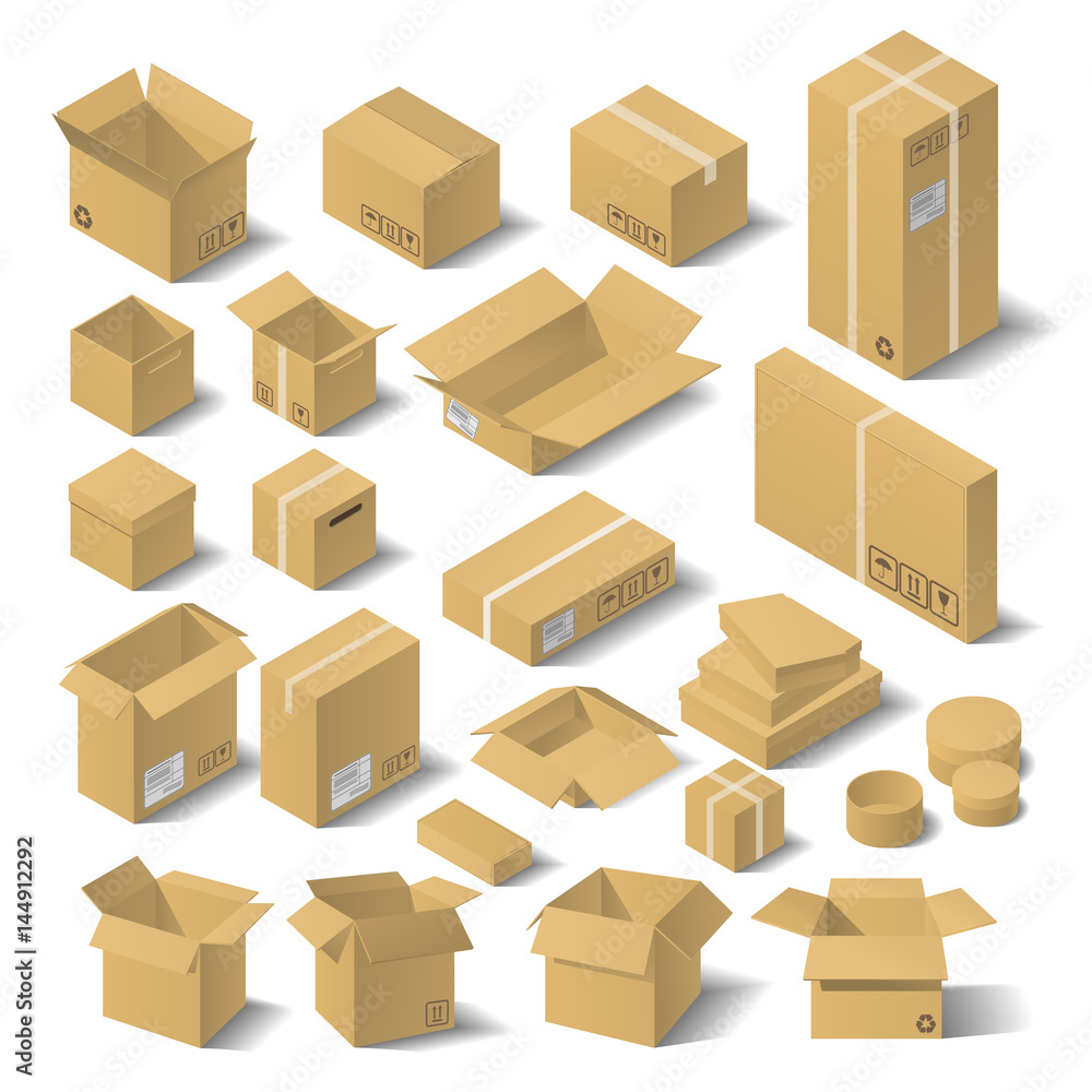 Set vector isometric cardboard boxes. 3D flat vector illustration. Set vector isometric cardboard boxes. 3D flat vector illustration.