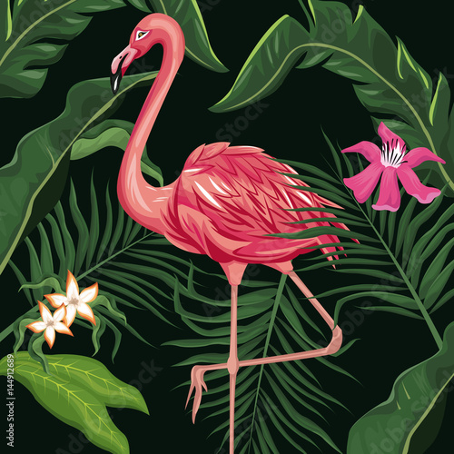 flamingo exotic tropical bird flower and leaves vector illustration eps 10