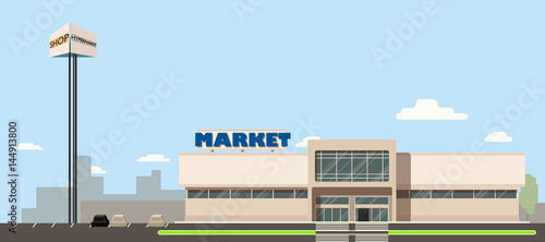 Mall or supermarket or hypermarket building in the city with advertising pillar in flat design photo