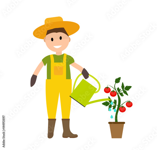 Farmer Gardener Man with Watering Can and Tomato Plant in Modern