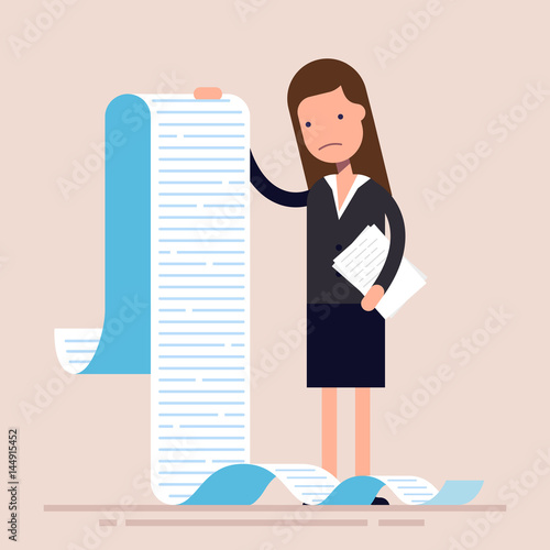 Businesswoman or manager, hold a long list or scroll of tasks. or questionnaire. Woman in a business suit. Flat character. Vector illustration