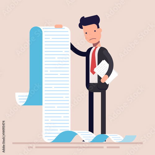 Businessman or manager, hold a long list or scroll of tasks. or questionnaire. Man in a business suit. Flat character. Vector illustration