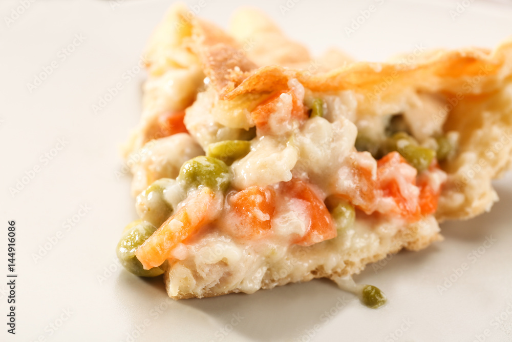 Delicious chicken pot pie on plate, closeup Delicious chicken pot pie on plate, closeup