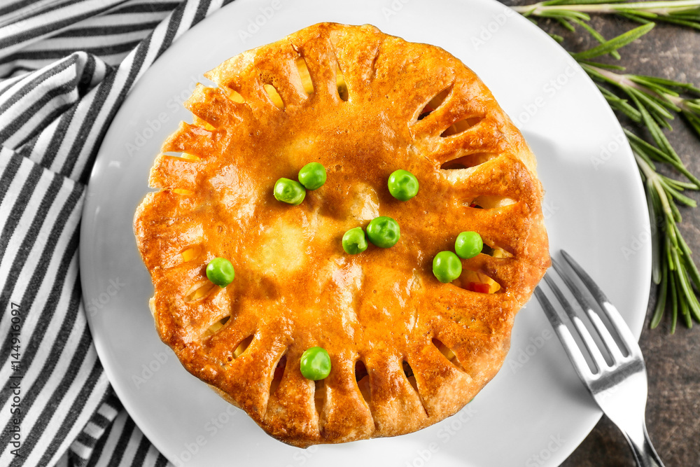 Tasty chicken pot pie with green peas plate Tasty chicken pot pie with green peas plate