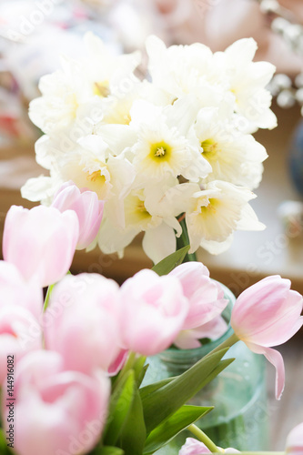 Fototapeta Naklejka Na Ścianę i Meble -  Pink tulips on the wooden background. Pink tulip. Tulips. Flowers. Flower background. Flowers photo concept. Colored tulips. Petals. Narcissus