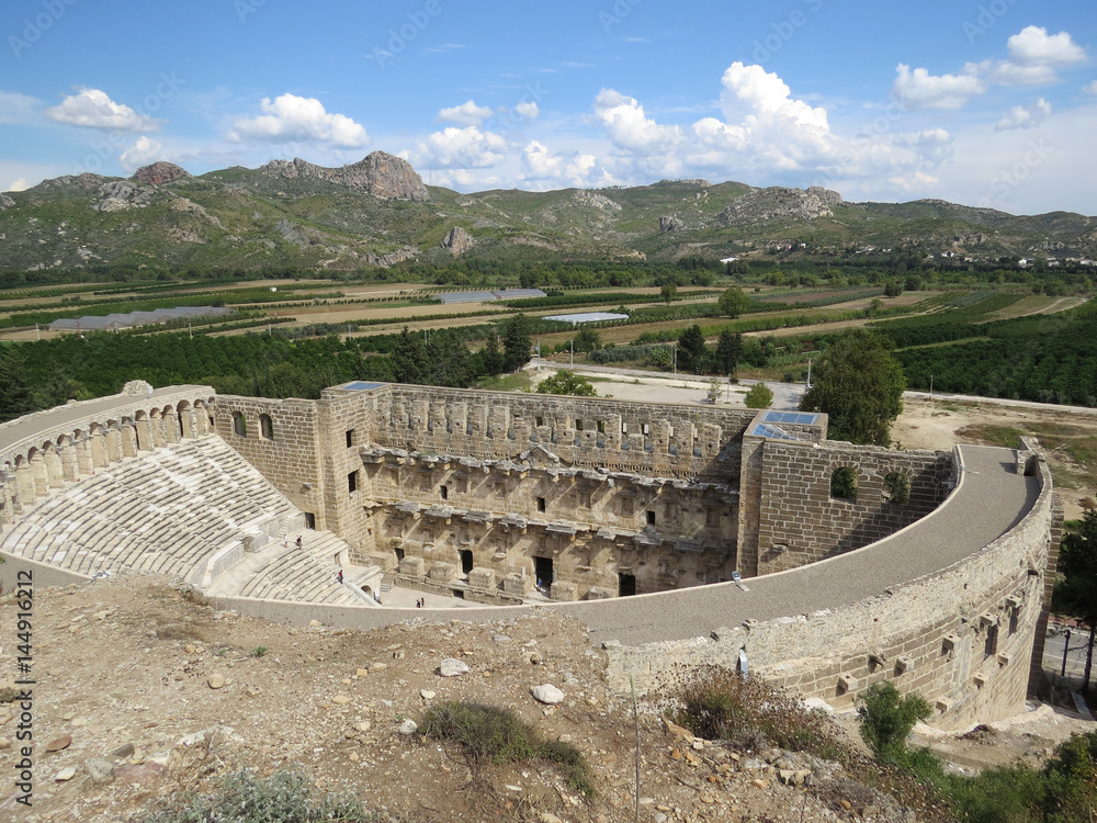 The best-preserved theatre of antiquity in Aspendos, an ancient Greco-Roman city in Antalya province of Turkey.