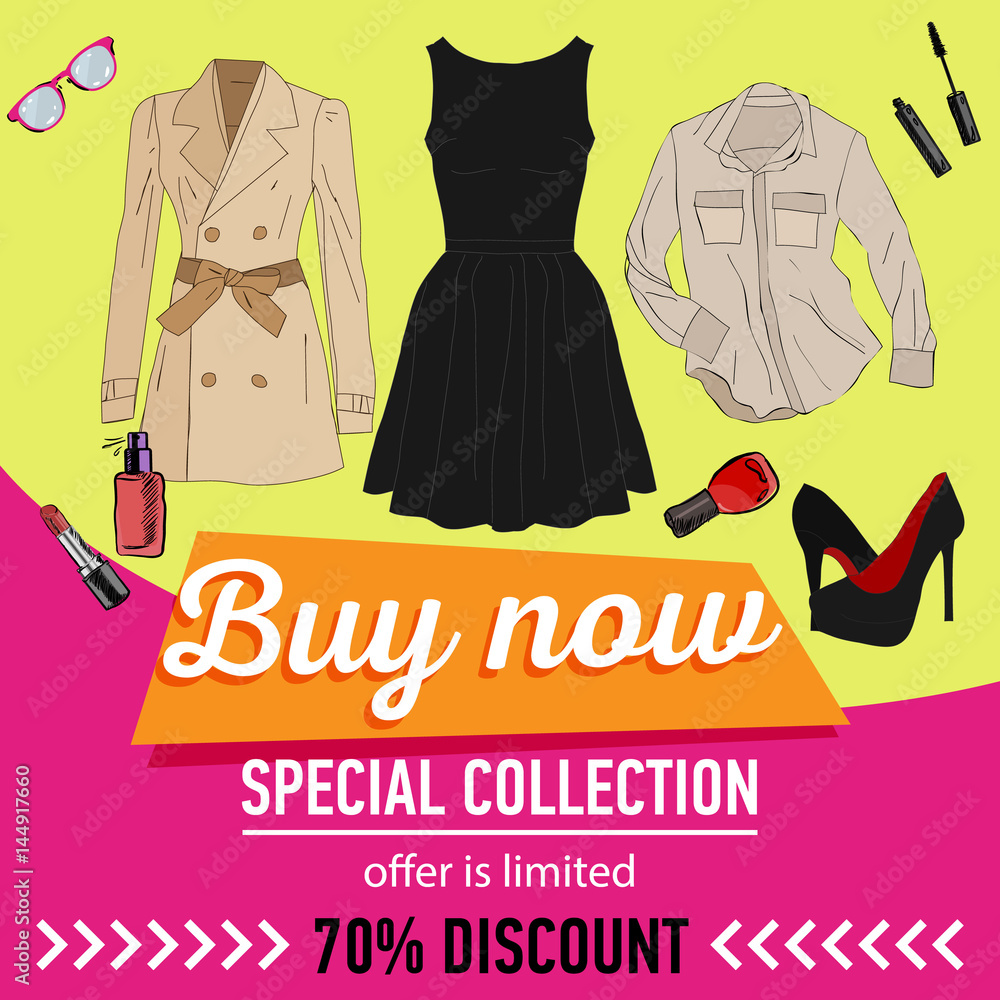 Online shopping. Online store for women. set of women's clothing and  accessories. 70 discount. sale vector web banner Stock Vector