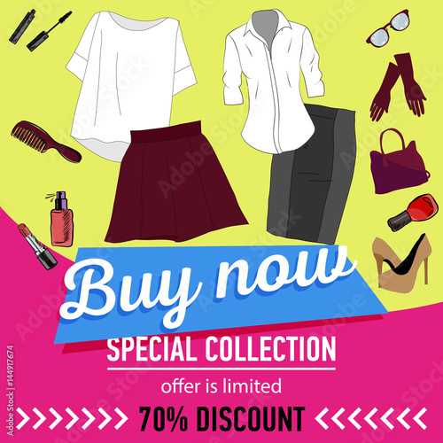 Online shopping. Online store for women. set of women's clothing and accessories. 70 discount. sale vector web banner