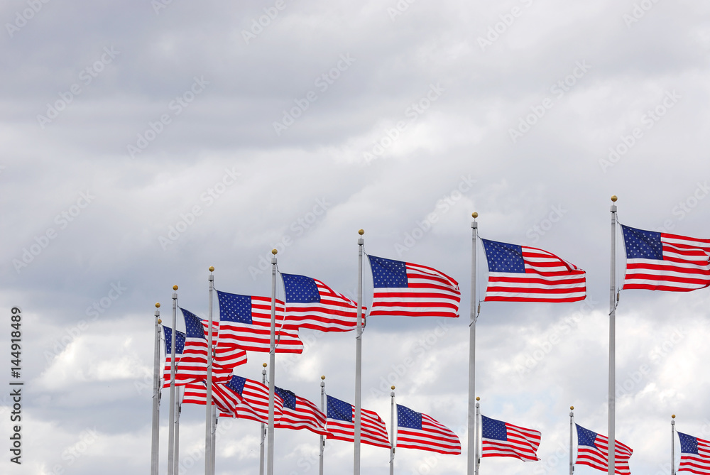 USA flags in a row waving in the wind